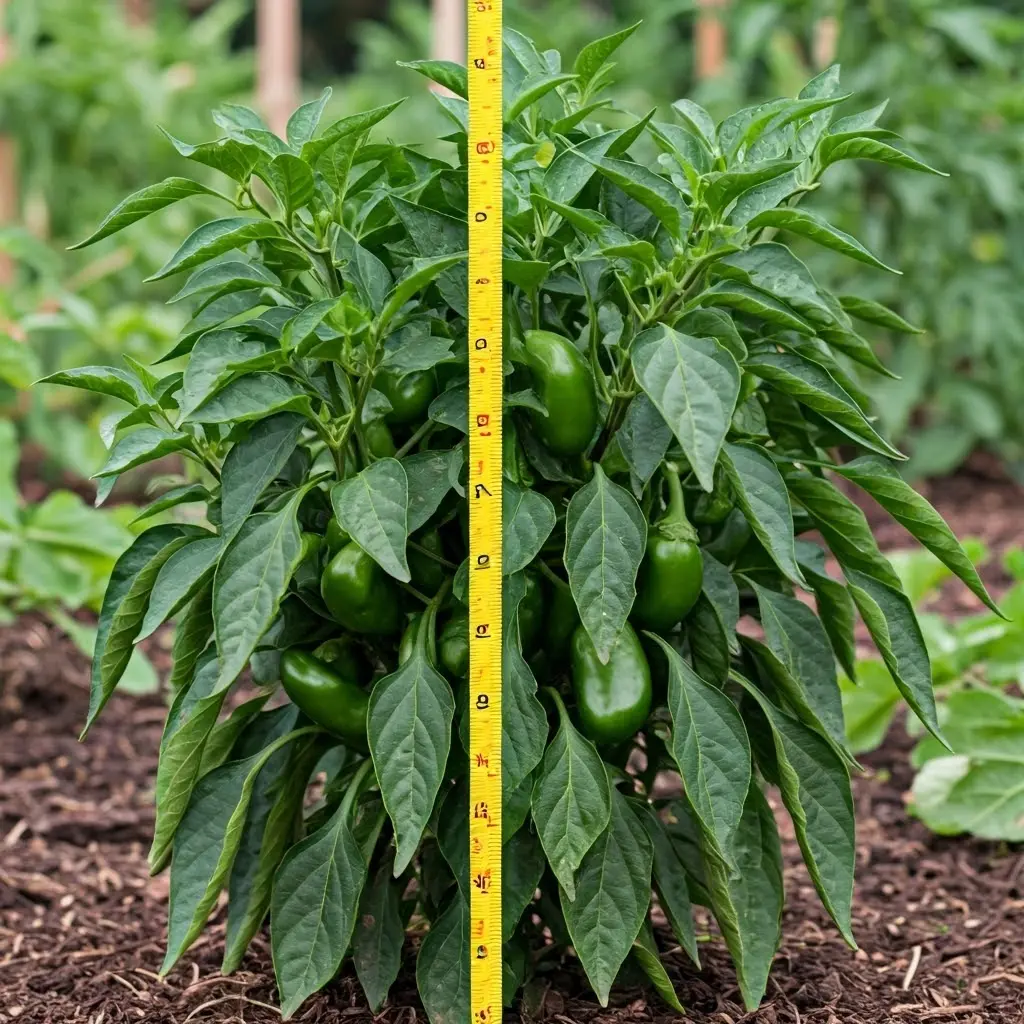 An image illustrating Photorealistic image of a mature jalapeno plant in a garden setting, with a clear height reference (e.g., a measuring tape or a common object for scale). The plant is loaded with peppers. Focus on showcasing the typical height range. 16:9 aspect ratio. Bright and helpful lighting.