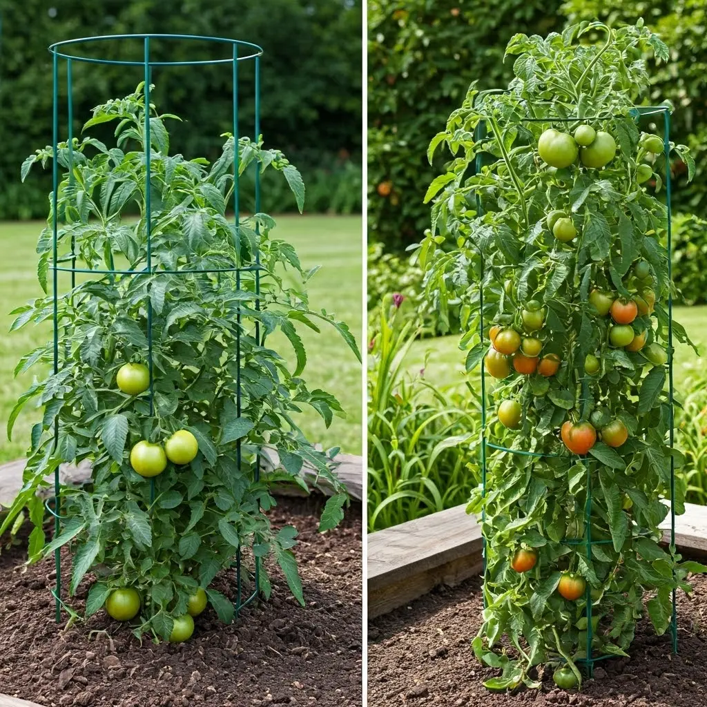 An image illustrating Photorealistic image of a side-by-side comparison of a short, bushy determinate tomato plant (Roma) and a tall, sprawling indeterminate tomato plant (Beefsteak) in a garden setting. The indeterminate plant is supported by a tall tomato cage. Bright, helpful lighting. 16:9 aspect ratio.
