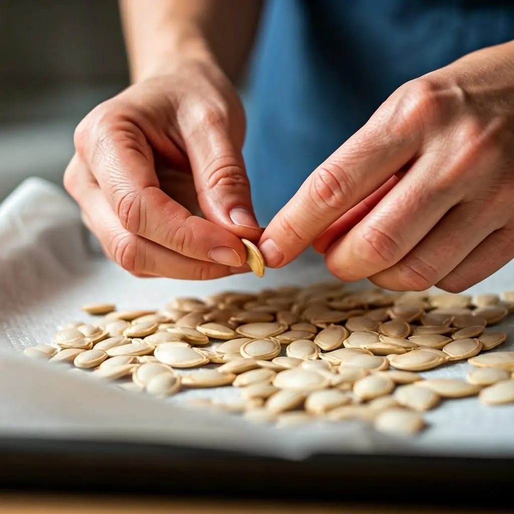 An image illustrating Photorealistic close-up of a beginner gardener's hands carefully arranging cleaned pumpkin seeds on a paper towel-lined tray to dry. Bright, natural lighting. Focus on the texture of the seeds and paper towel. 16:9 aspect ratio. The scene should convey a sense of helpfulness and reassurance.