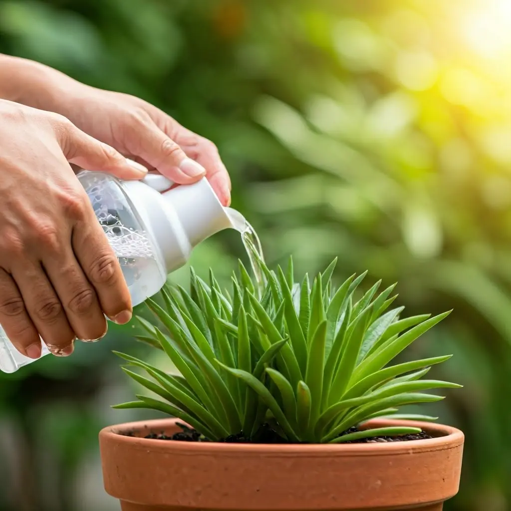 An image illustrating Photorealistic close-up of a person's hands gently pouring soapy water into a potted plant to remove ants. The plant is a vibrant green, and the background is a bright and helpful garden setting. 16:9 aspect ratio.