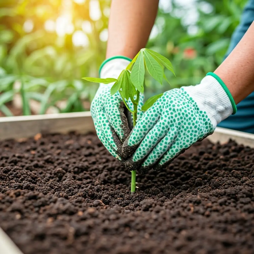 An image illustrating Photorealistic image of a beginner gardener carefully planting a cassava cutting in a raised garden bed. The soil is rich and well-draining. The gardener is wearing gardening gloves. Bright, helpful lighting. 16:9 aspect ratio.