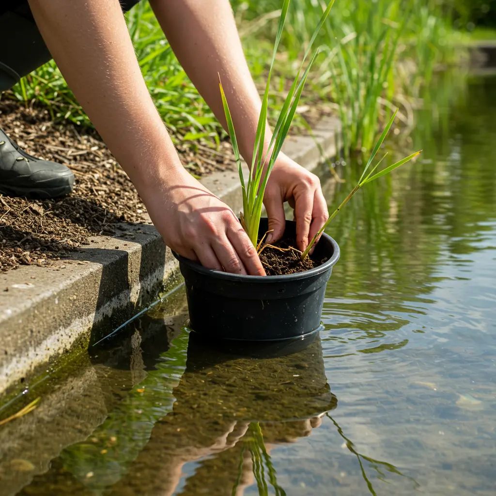 An image illustrating Photorealistic image showing hands carefully planting a cattail rhizome or small plant into a dark pot submerged in the shallow edge of a clear pond. Clearly depict the water level relative to the pot, illustrating proper planting depth and containment. The scene should be bright, practical, and informative, set in a natural-looking pond environment. Medium shot focusing on the planting action. 16:9 aspect ratio.