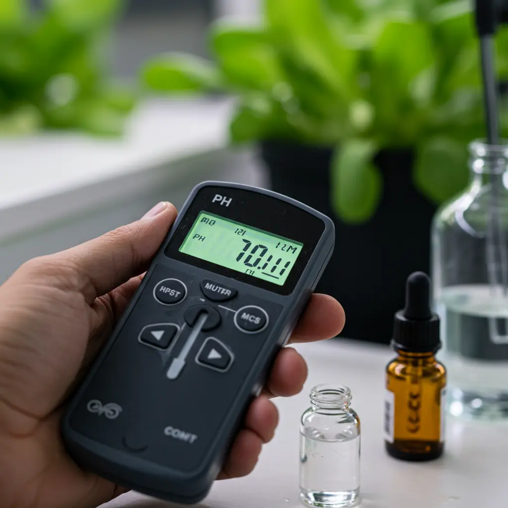An image illustrating Photorealistic close-up shot of a hand carefully using a digital pH meter to test the water in a reservoir or container. The pH meter display is clearly visible, showing a low reading. In the background, out of focus but recognizable, are elements of a hydroponic system or healthy green plant foliage. A dropper bottle of liquid pH adjuster or a small container of vinegar is placed nearby on a clean surface. The lighting is bright and focused, emphasizing the detail and precision of the process. 16:9 aspect ratio.