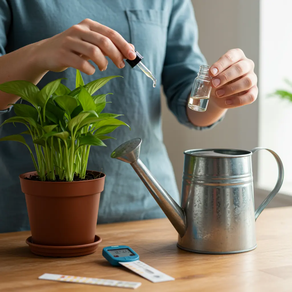 An image illustrating Photorealistic, bright and practical image showing a home gardener carefully adding a few drops of liquid (suggesting vinegar or lemon juice dilution) from a small dropper or measuring spoon into a watering can filled with water, next to a healthy potted houseplant. A small pH test strip or digital meter is visible nearby on a clean surface. Focus on the hands and the watering can, with the plant slightly blurred in the background. Natural light. 16:9 aspect ratio.