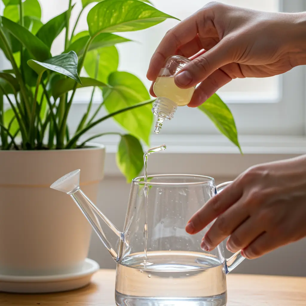 An image illustrating Photorealistic image of a hand carefully adding a few drops from a small bottle (like vinegar or lemon juice) into a clear watering can. A vibrant green houseplant is visible in the background. The scene is well-lit, suggesting a simple, practical process. Focus on the action of adjusting the water. 16:9 aspect ratio.