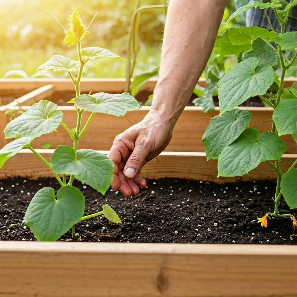 An image illustrating Photorealistic image of a beginner gardener carefully inspecting cucumber plants in both raised garden beds and containers. Some plants show subtle signs of yellowing leaves (underwatering) while others have slightly wilted, dark green leaves (overwatering). Focus on the gardener's hands gently touching the soil to check moisture levels. Soft, natural lighting. 16:9 aspect ratio.