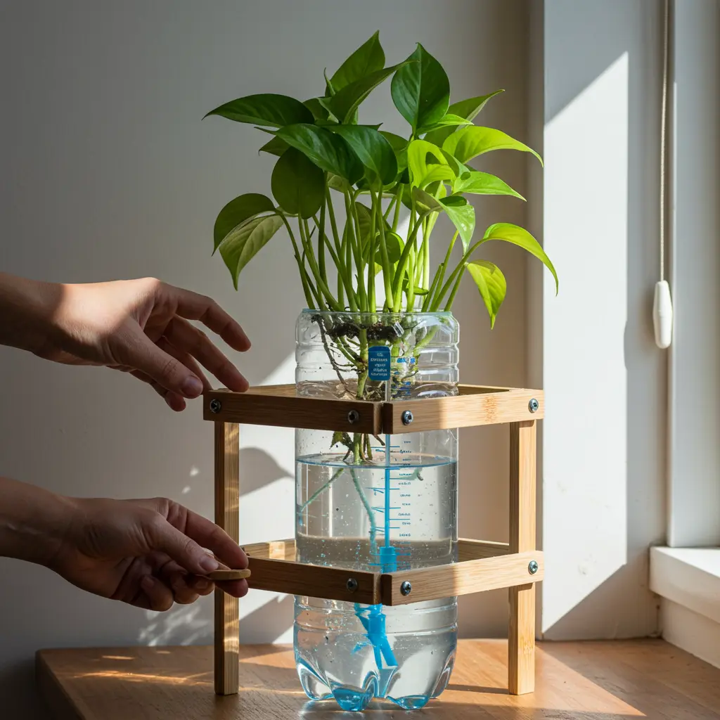 An image illustrating Photorealistic image of a finished DIY self-watering plant pot made from recycled materials (like plastic bottles), with a healthy, vibrant plant growing in it. A hand is gently checking the water level in the reservoir. The scene is well-lit with natural light, showing the practical and cost-effective nature of the project. Simple, clean background. 16:9 aspect ratio.