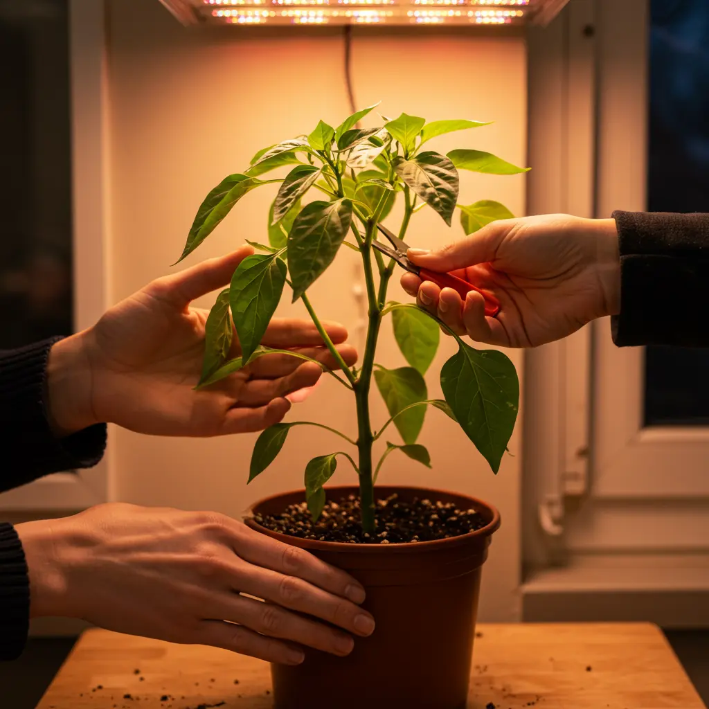 An image illustrating Photorealistic image of a healthy pepper plant potted indoors during winter. A person's hands (diverse) are gently checking the soil moisture or making a small pruning cut near the top of the plant. The plant is under a warm grow light or near a bright window, suggesting an indoor environment. The scene is clean, bright, and conveys a sense of practical care and success. 16:9 aspect ratio.