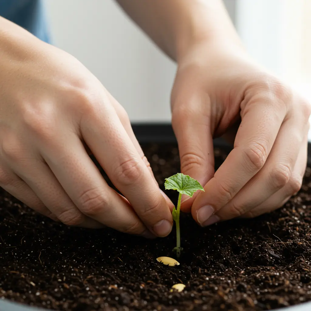 An image illustrating Photorealistic image of hands gently placing a small cantaloupe seed into dark, rich soil in a pot or garden bed. Focus on the hands and the seed being planted. Bright, natural light illuminating the scene. Clean, simple background suggesting a garden or indoor seed-starting setup. Encouraging and clear visual style. 16:9 aspect ratio.