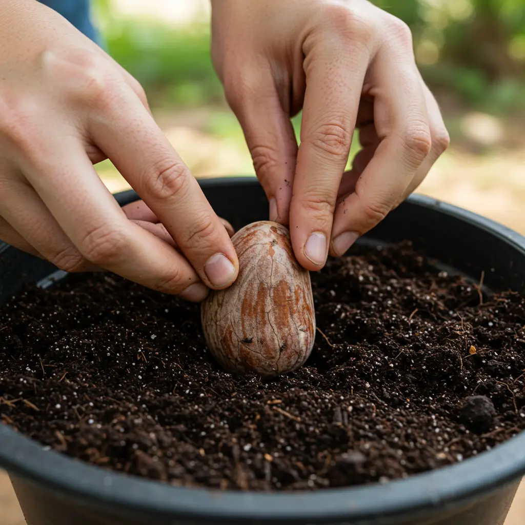An image illustrating Photorealistic, close-up shot of hands gently placing a large jackfruit seed into a small pot filled with dark, moist soil. Show the seed being positioned at the correct planting depth. Bright, natural light illuminates the scene, creating a practical and encouraging mood. 16:9 aspect ratio.