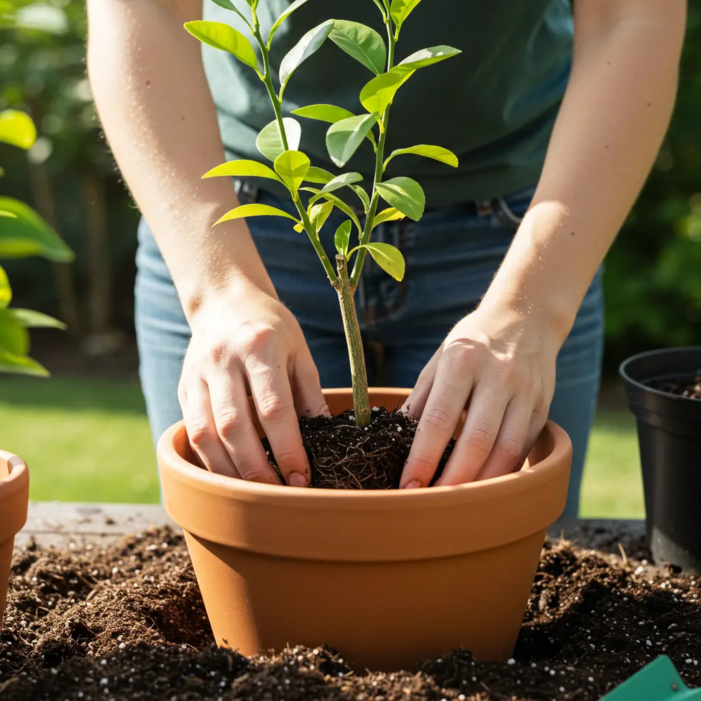 An image illustrating Photorealistic image of a beginner gardener planting a young Meyer lemon tree in a terracotta pot. Focus on the hands gently placing the tree into the pot, showing the top of the root ball level with the soil line. The soil looks rich and well-draining. Bright, natural light suggests an ideal sunny location. The scene is practical and encouraging, with a shallow depth of field focusing on the planting process. 16:9 aspect ratio.