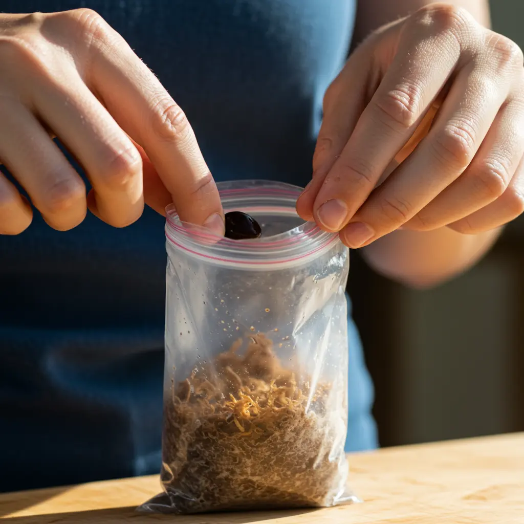 An image illustrating Photorealistic close-up of hands demonstrating a step in pawpaw seed preparation for planting. Show a hand placing a dark pawpaw seed into a clear plastic baggie filled with moist peat moss or paper towel, ready for stratification. The focus is on the seed, the moist medium, and the hands performing the practical step. Bright, clean, natural light. Practical and instructional mood. 16:9 aspect ratio.