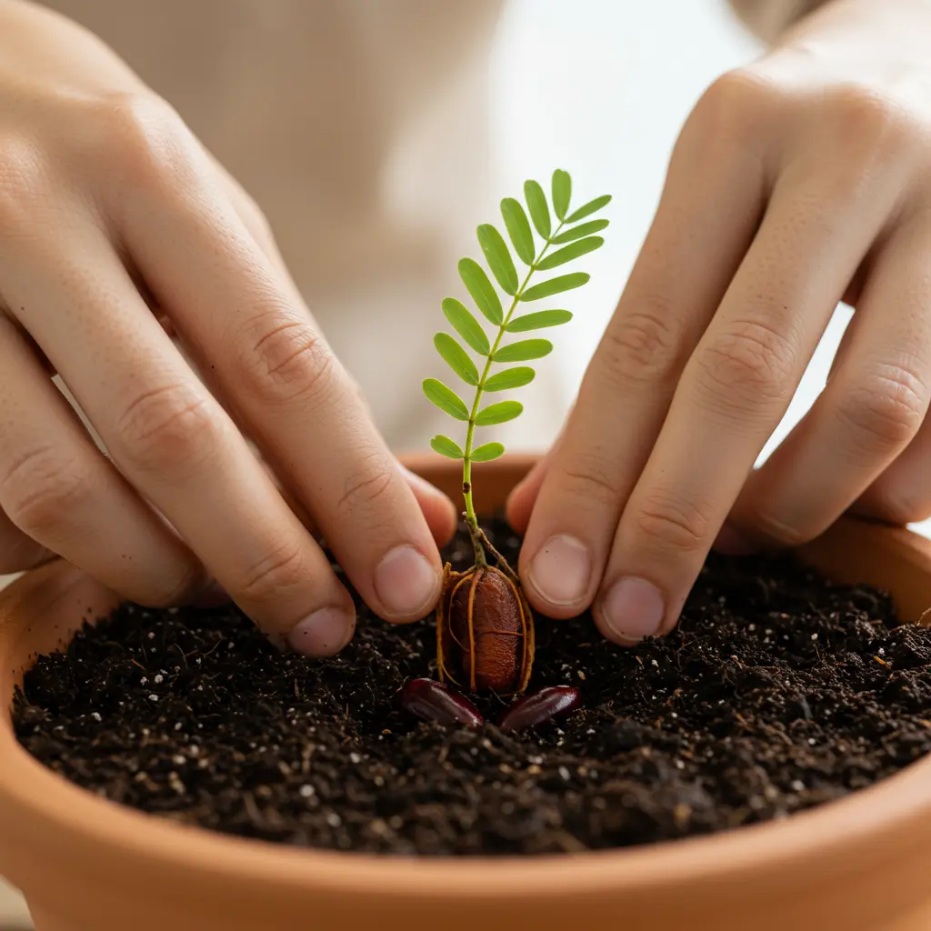 An image illustrating Photorealistic image of hands gently pushing a tamarind seed into potting soil in a small terracotta pot. Close-up shot focusing on the seed, soil texture, and hands. Bright, natural light creating an encouraging, clean gardening scene. 16:9 aspect ratio.