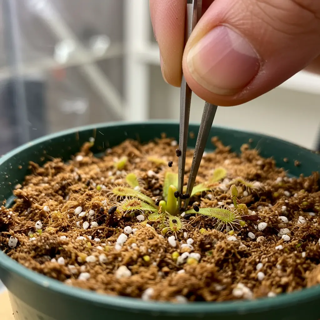 An image illustrating Photorealistic close-up image capturing the delicate process of planting Venus flytrap seeds. Show a hand carefully using tweezers or a fingertip to place tiny, dark seeds onto the surface of a small plastic pot filled with moist, light-brown peat moss and white perlite soil mix. The soil surface is visible and textured. The lighting is soft and natural, highlighting the details of the seeds and soil. The background is a softly blurred indoor environment, suggesting a controlled growing space. The overall mood is focused, hopeful, and instructional. 16:9 aspect ratio.
