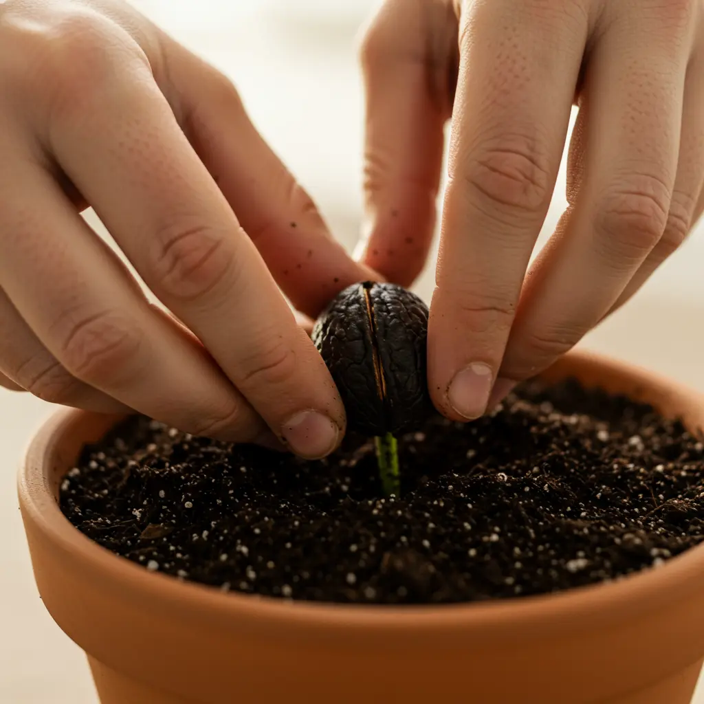 An image illustrating Photorealistic close-up of a person's hands planting a dark, textured black walnut seed into rich, dark soil in a small terracotta pot. Show the seed partially covered by soil. Bright, diffused natural light creating a helpful, instructional mood. Shallow depth of field focusing on the seed and hands. 16:9 aspect ratio.