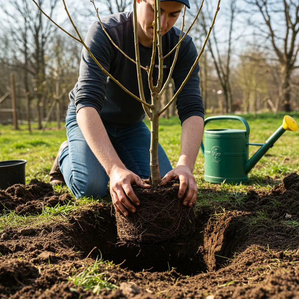 An image illustrating Photorealistic image of a novice gardener carefully placing the root ball of a young weeping willow tree sapling into a freshly dug hole in a sunny garden. Medium shot focusing on the hands and the tree base. Includes elements like loose soil, maybe a watering can nearby. The scene feels instructional and hopeful, reflecting a successful planting step. 16:9 aspect ratio.