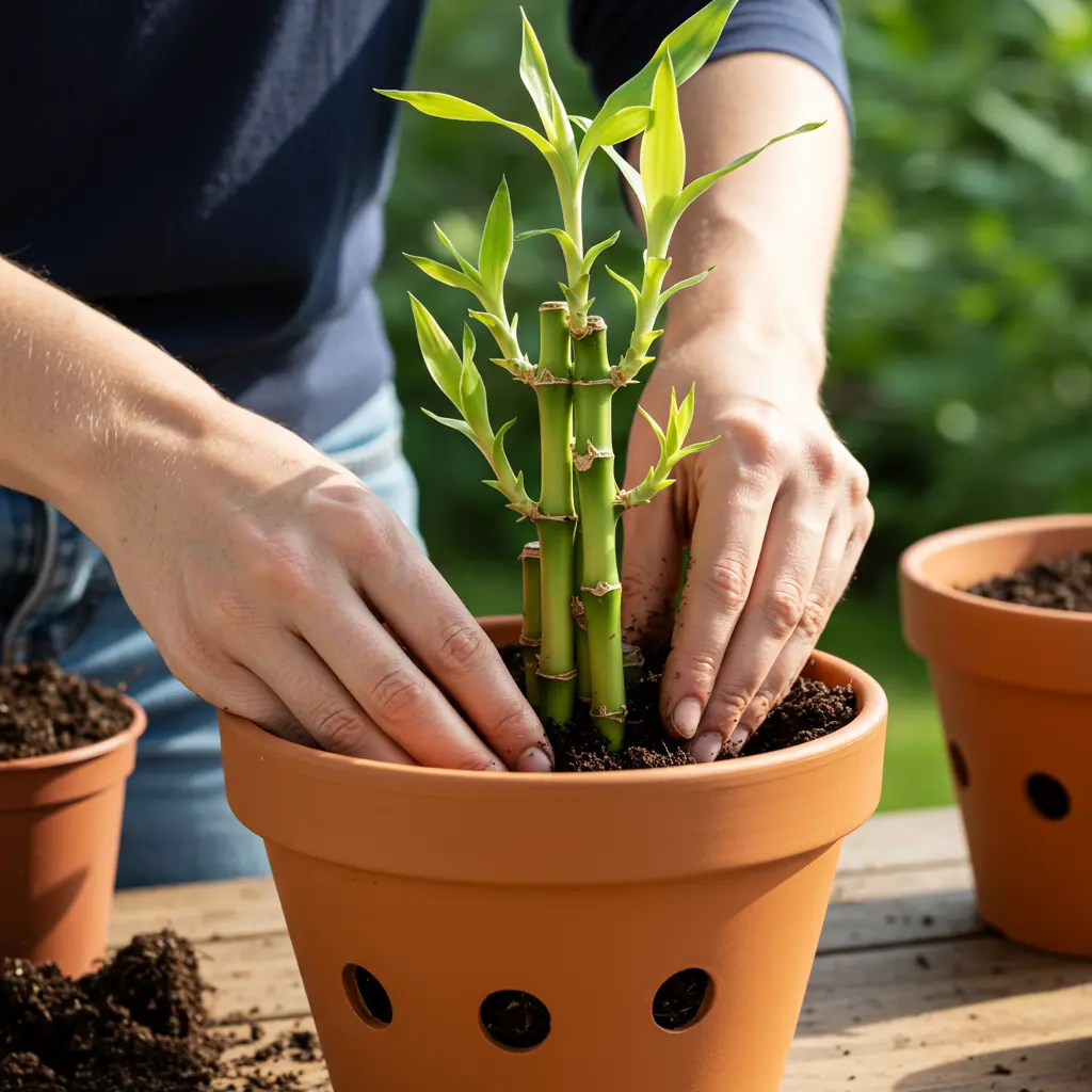 An image illustrating Photorealistic image illustrating the process of planting bamboo in a pot. Focus on hands carefully placing a small clumping bamboo plant into a suitable terracotta pot with visible drainage holes. Show a rich, well-draining soil mix being used. Bright, natural outdoor light creates a clean, helpful, and reassuring gardening scene. 16:9 aspect ratio.