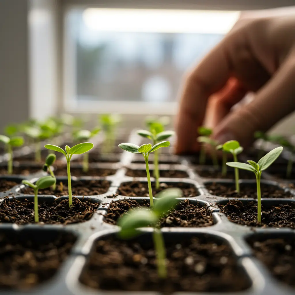 An image illustrating Photorealistic close-up of tiny blackberry seedlings successfully germinating in a seed starting tray, with delicate green sprouts emerging from the soil. Bright, natural light highlights the new growth. A hand is gently visible tending to the tray in the background. Focus on hope and new beginnings. 16:9 aspect ratio.