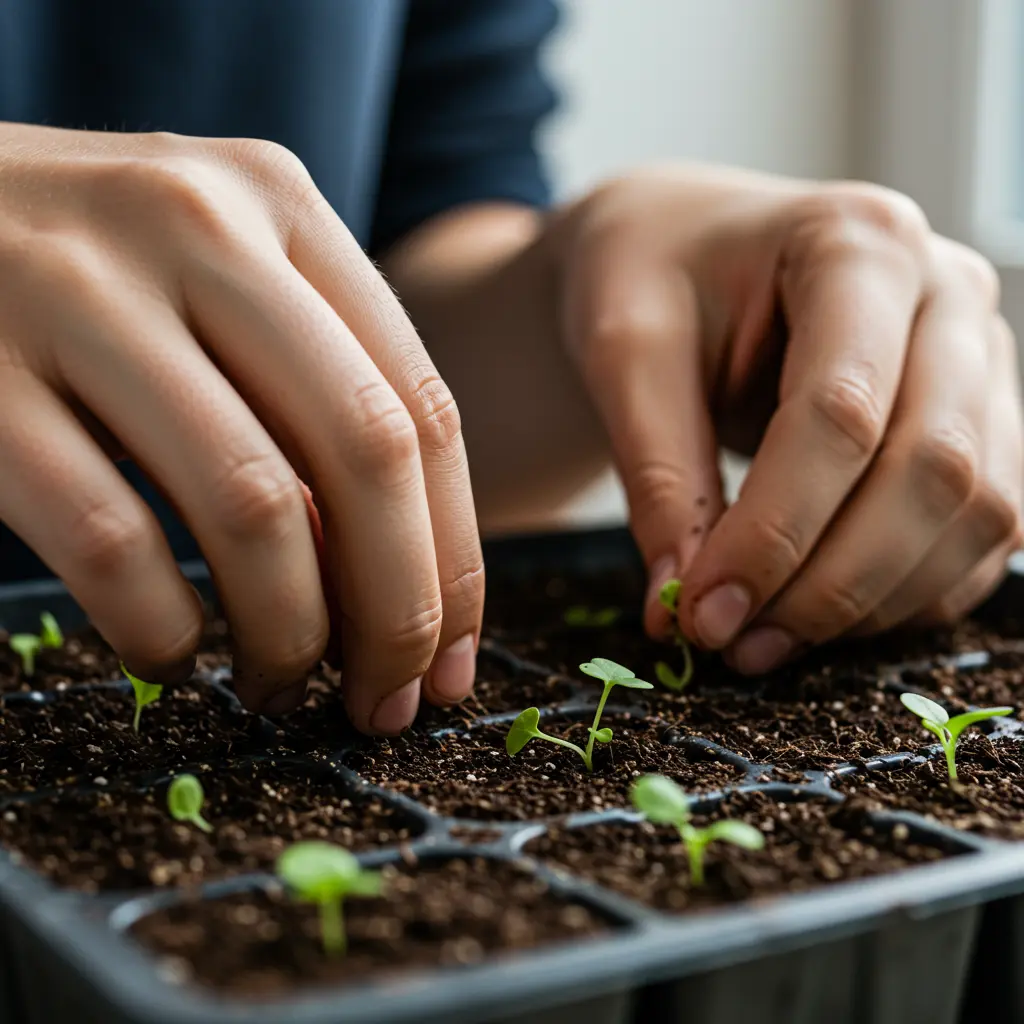 An image illustrating Photorealistic close-up shot showing a beginner gardener's hands gently sowing tiny coleus seeds into a seed starting tray filled with moist soil mix. The scene is indoors, possibly on a windowsill or under a soft grow light, with a bright, clean, and encouraging mood. Focus is sharp on the seeds and soil surface. 16:9 aspect ratio.