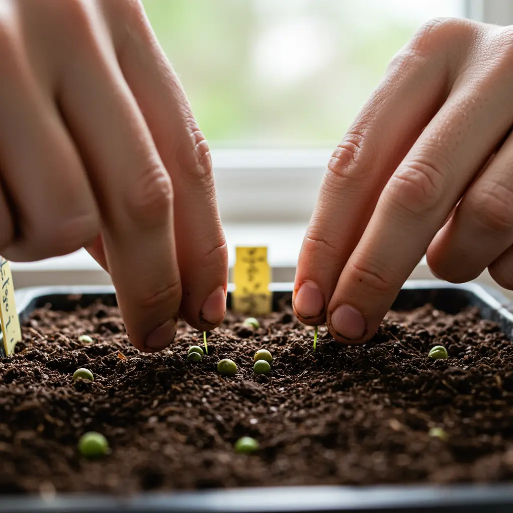 An image illustrating Photorealistic close-up shot showing hands gently placing tiny crepe myrtle seeds into a seed starting tray filled with soil. Focus on the seeds, soil texture, and careful planting depth. Bright, natural light creating a hopeful, encouraging mood. Background subtly blurred, suggesting a windowsill or garden bench setting. Include a small label stick in the tray. 16:9 aspect ratio.