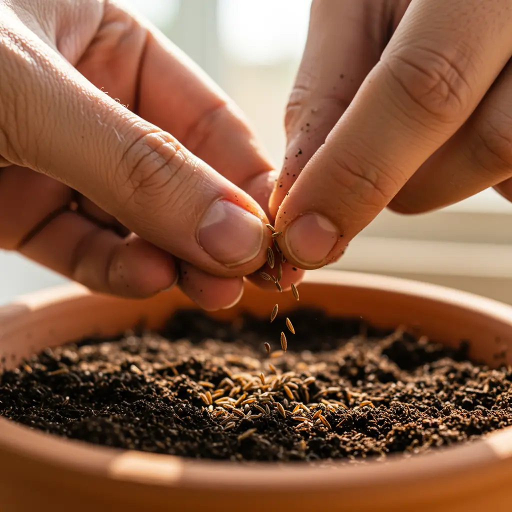 An image illustrating Photorealistic close-up of hands gently placing tiny cumin seeds into dark, moist soil in a small terracotta pot. Show the texture of the soil and the small seeds clearly. The background is blurred but suggests a sunny indoor or outdoor gardening setting. Bright, natural light creates a hopeful and encouraging mood. 16:9 aspect ratio.
