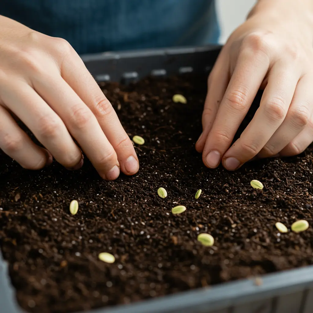 An image illustrating Photorealistic close-up of a beginner gardener's hands carefully planting small daisy seeds into a seed starting tray filled with moist, dark potting soil. Show the hands gently pressing the seeds into the soil surface, illustrating the correct shallow planting depth. Bright, natural light, clean and practical setting. Encouraging and hopeful mood. 16:9 aspect ratio.