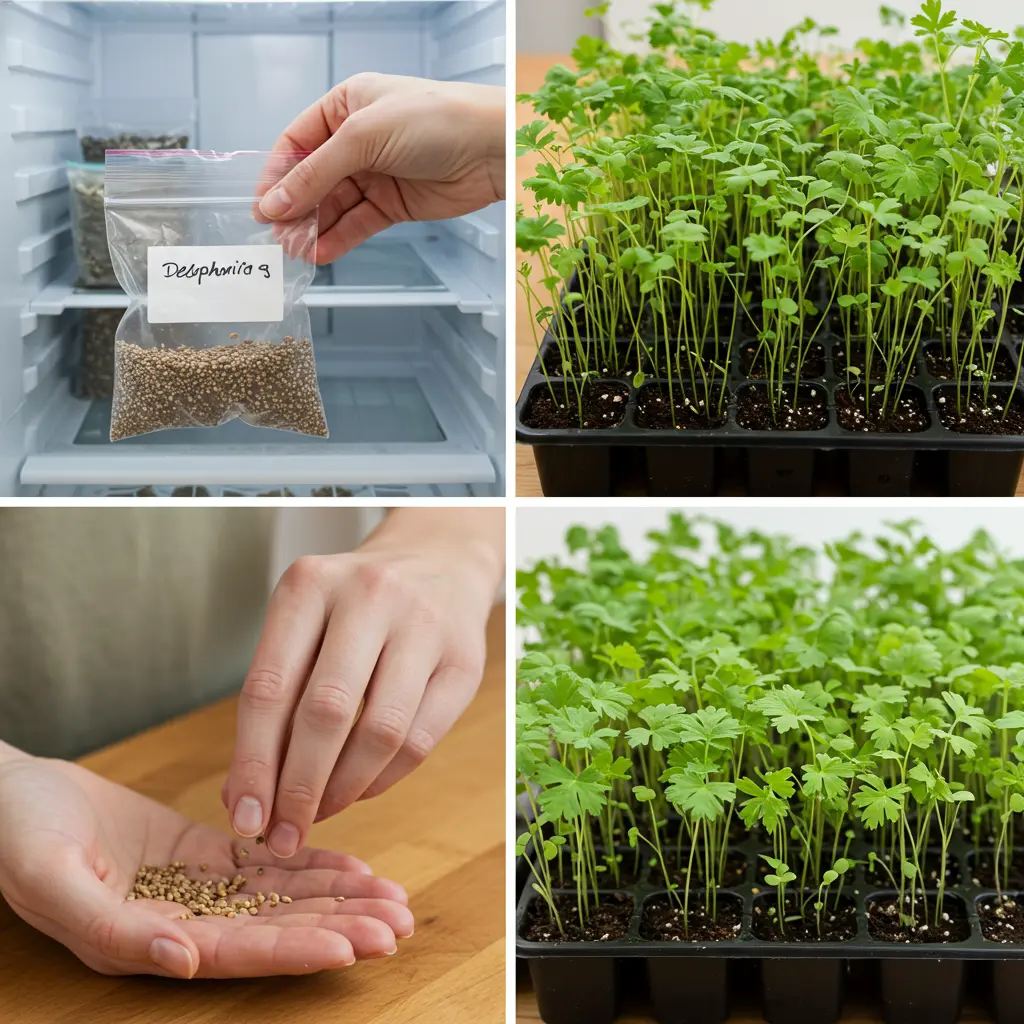 An image illustrating Photorealistic image illustrating key steps of planting delphinium seeds: a hand gently sowing tiny seeds into a seed starting tray, a small labeled baggie of seeds visible inside an open refrigerator door, and a tray of vibrant, healthy young delphinium seedlings. Bright, clear, and encouraging lighting. 16:9 aspect ratio.