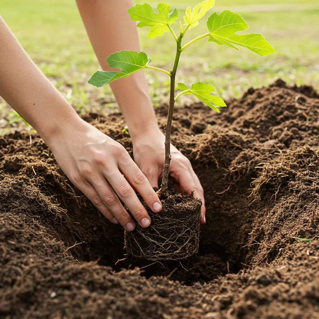 An image illustrating Photorealistic, close-up view of a beginner gardener's hands gently placing a young fig tree sapling with a healthy root ball into a prepared planting hole. Show rich, amended soil around the hole. A hand or small trowel is positioned near the top of the root ball, indicating the correct planting depth relative to the ground level. Bright, natural sunlight illuminating the scene. Clear, reassuring, and instructional composition. 16:9 aspect ratio.