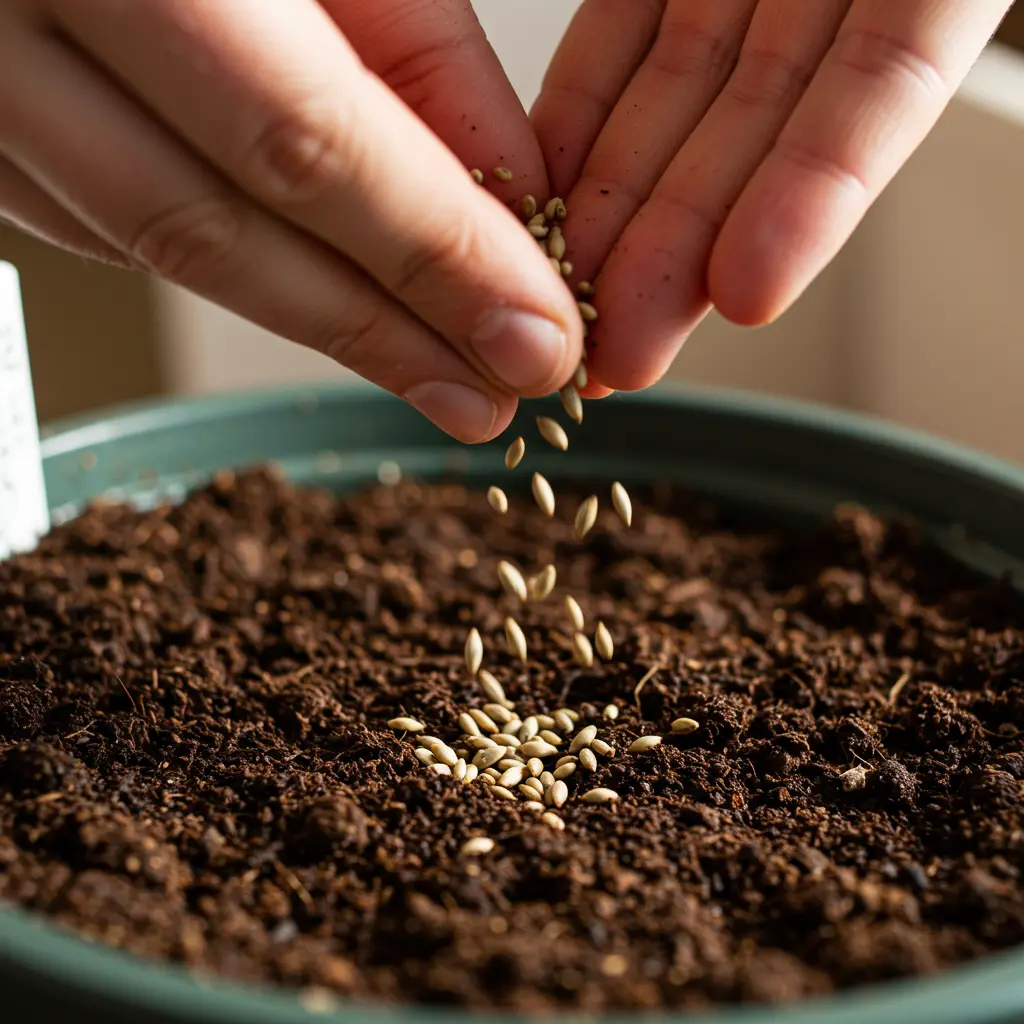 An image illustrating Photorealistic close-up shot from a low angle showing a beginner gardener's hands gently scattering tiny foxglove seeds directly onto the surface of moist seed starting mix in a small pot or tray. The soil is dark and rich, contrasting with the light brown seeds. Bright, natural light illuminates the scene, highlighting the texture of the soil and the small scale of the seeds. The background is softly blurred, suggesting an indoor seed-starting setup. The overall mood is practical, clear, and encouraging. 16:9 aspect ratio.