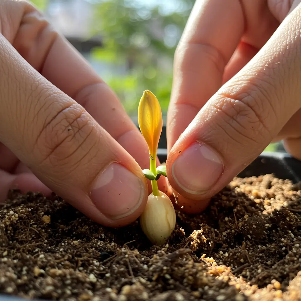 An image illustrating Photorealistic close-up of hands gently planting a frangipani (plumeria) seed, winged end pointed upwards, into a small pot filled with a light, well-draining seed starting mix. The seed's detail and orientation should be clear. Bright, natural light, suggesting a sunny spot. The scene should convey a sense of careful instruction and potential growth. 16:9 aspect ratio.