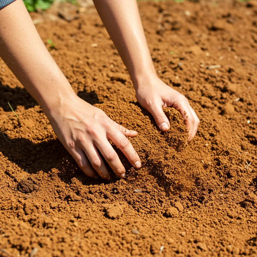 An image illustrating Photorealistic image showing hands mixing soil amendment (like compost or sand) into dense, reddish-brown clay soil in a garden bed or lawn area. The texture of the clay is visible, contrasting with the amendment. Focus on the hands and soil interaction. Bright daylight, practical and action-oriented feel. 16:9 aspect ratio.