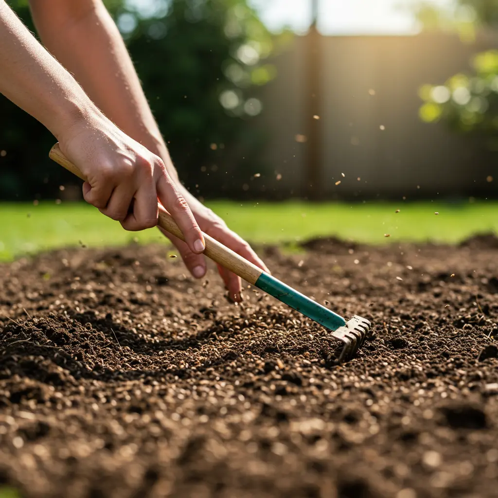 An image illustrating Photorealistic image showing a DIY homeowner's hands lightly raking or preparing the soil surface in a patch of ground, with some grass seed visible nearby or being scattered. Focus on the hands and the soil texture. Bright, natural daylight. Practical and hopeful mood. 16:9 aspect ratio.