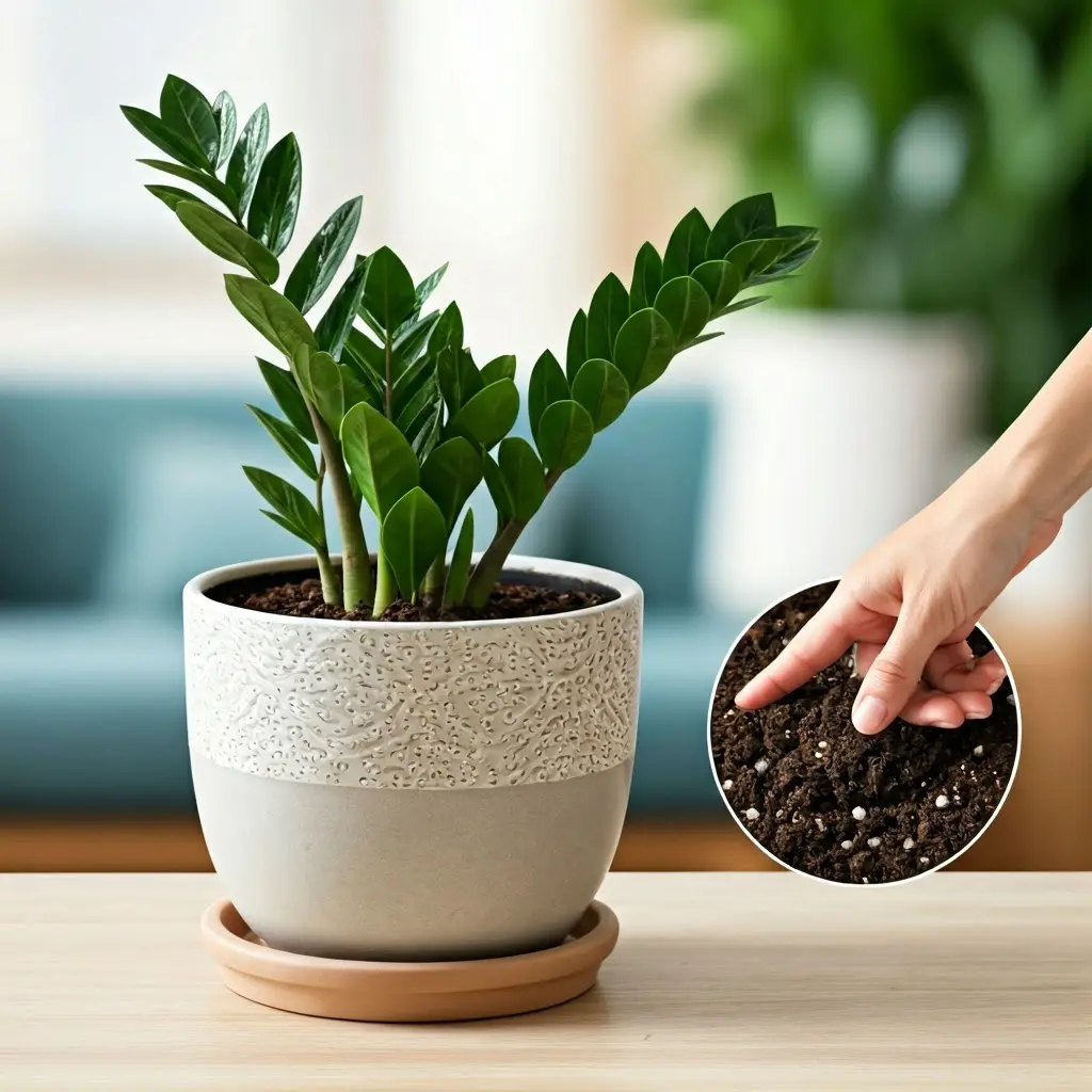An image illustrating Photorealistic image of a healthy ZZ plant in a modern pot, with a close-up on the soil. A hand gently touches the soil to check moisture levels. Soft, natural lighting. Background subtly blurred to emphasize the plant. 16:9 aspect ratio. The image should convey a sense of reassurance and easy plant care.