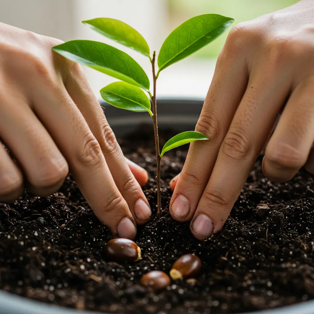 An image illustrating Photorealistic close-up shot showing hands gently pushing a small soursop seed into a pot filled with moist, well-draining soil. A few additional soursop seeds or a small soursop fruit are visible in the background or foreground for context. The scene should be set in a bright, clean indoor or patio environment, conveying a sense of hope and instruction. Focus on the planting action and soil texture. Bright, natural lighting. 16:9 aspect ratio.