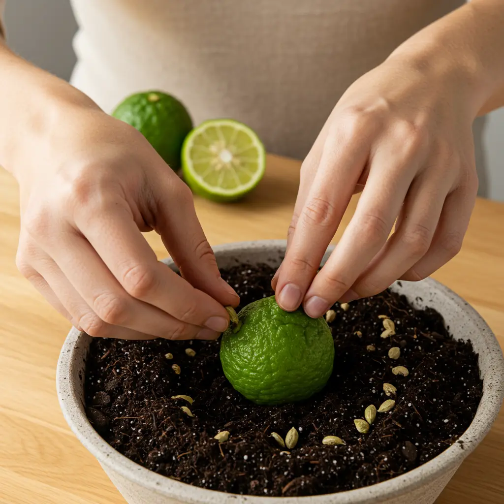 An image illustrating Photorealistic image showing hands gently placing small, cleaned lime seeds into a seed starting tray or small pot filled with moist soil. Include a fresh lime fruit (maybe half-sliced) in the background to show the source. Bright, natural lighting. Clean, simple composition focusing on the hands, seeds, soil, and pot. The overall mood should be encouraging and instructional, capturing the start of growing. 16:9 aspect ratio.