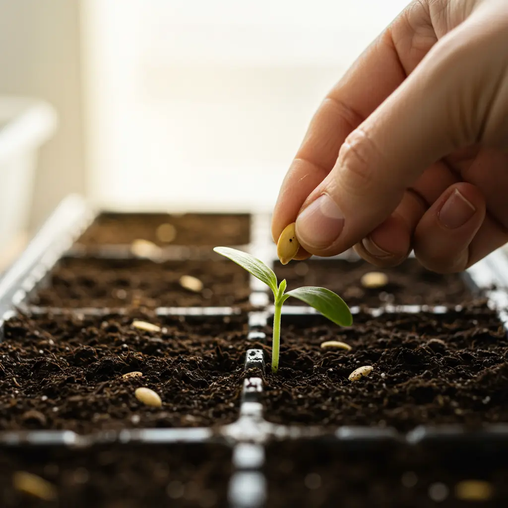 An image illustrating Close-up, photorealistic image of hands gently placing a small melon seed into dark, moist soil in a seedling tray. The background is softly blurred, suggesting a bright, indoor gardening space. The lighting is natural and warm, conveying a sense of hope and growth. 16:9 aspect ratio.