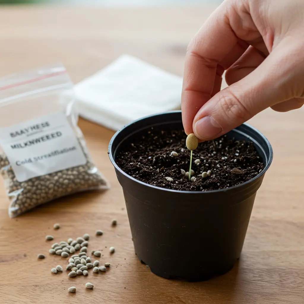 An image illustrating Photorealistic image illustrating the process of planting milkweed from seed. The foreground shows a hand gently pressing a small milkweed seed into moist soil in a seed starting pot or tray, demonstrating correct planting depth. In the background, slightly out of focus but visible, show a small plastic bag containing milkweed seeds and a damp paper towel, suggesting the cold stratification step. The scene should be well-lit with natural light, creating a clear, encouraging, and beginner-friendly atmosphere. Include a few milkweed seeds scattered near the pot. 16:9 aspect ratio.