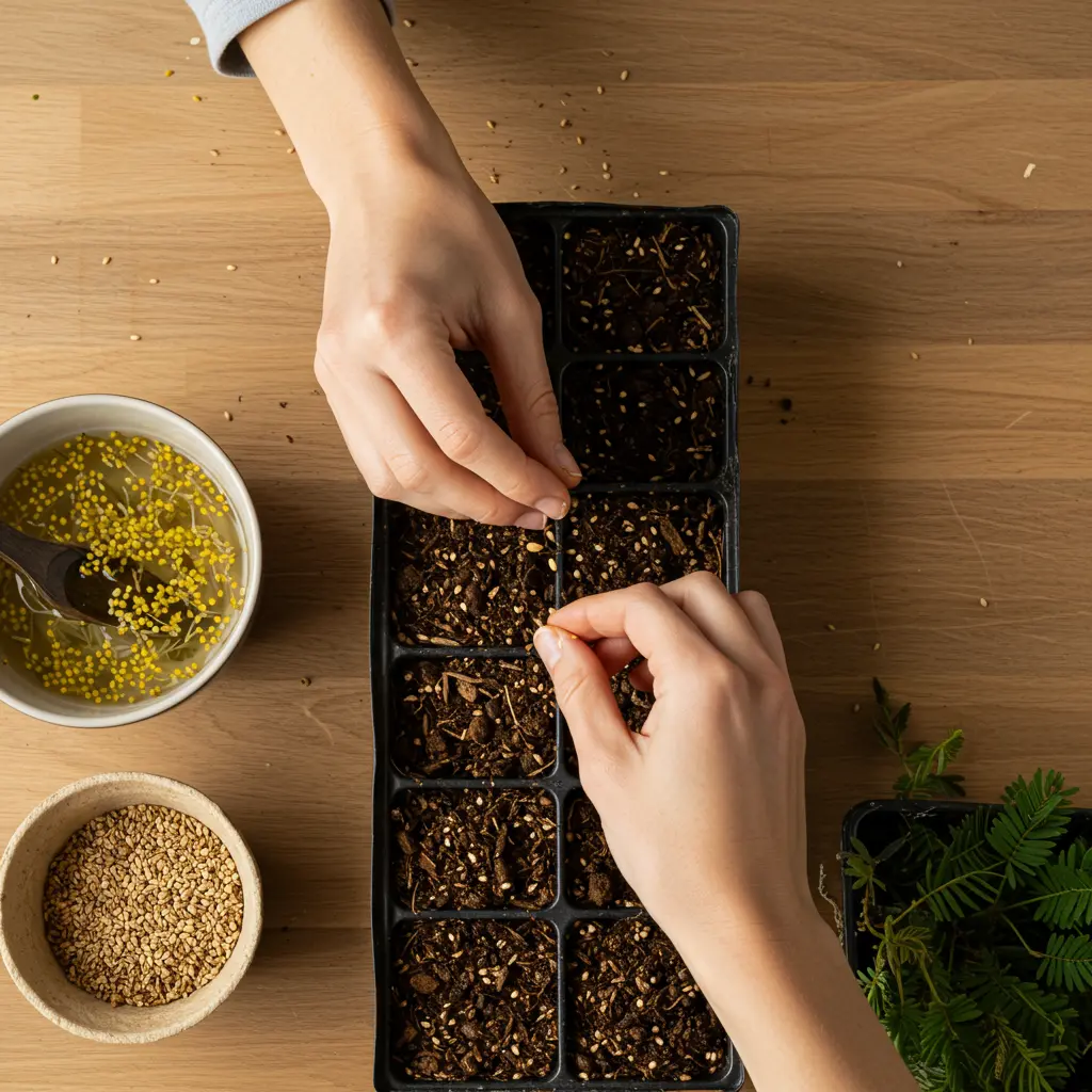 An image illustrating Photorealistic close-up shot from above showing hands carefully placing small mimosa seeds into a tray of seed starter mix. Include a small bowl of soaking seeds nearby. The scene should feel bright, clean, and encouraging, suitable for a beginner gardener. Hint at two different types of seeds or labels subtly. Soft natural light. 16:9 aspect ratio.