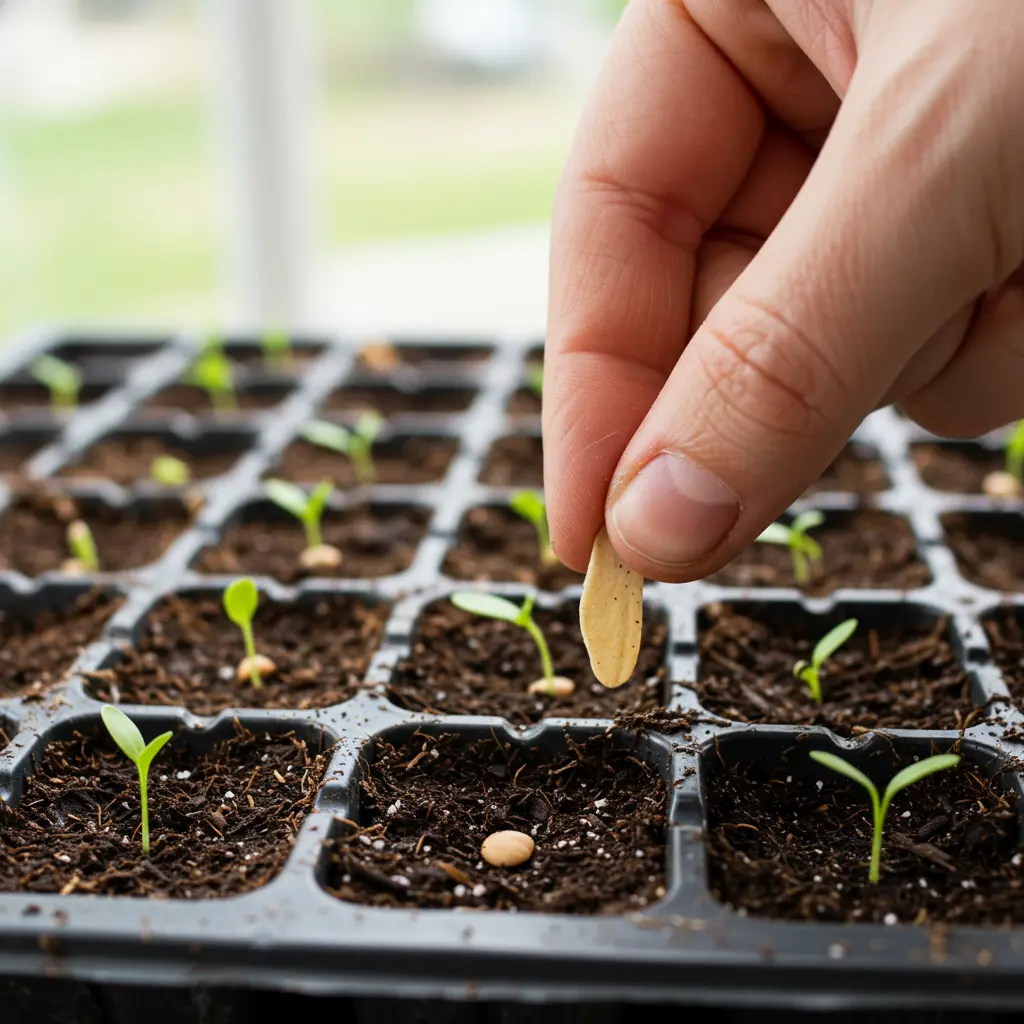 An image illustrating Photorealistic close-up shot of a person's hand (gently gloved or bare) planting a small, flat milkweed seed into a cell of a seed starting tray filled with moist soil. Show the seed being placed or lightly covered. In the background, other cells in the tray might show tiny green milkweed sprouts emerging. Bright, natural light, simple background focusing on the action. Instructional, hopeful, and clean aesthetic. 16:9 aspect ratio.