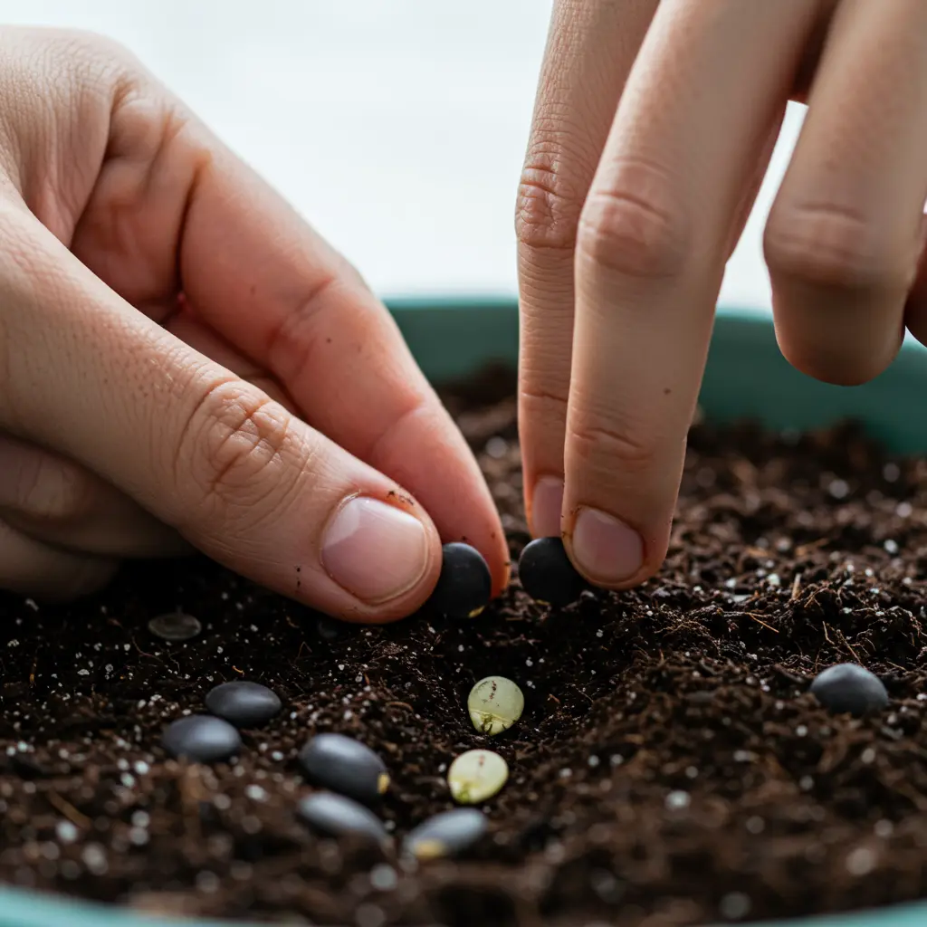 An image illustrating Photorealistic close-up shot of hands gently placing a dark moonflower vine seed into moist soil in a small pot or garden bed. The focus is on the seed and the soil surface, illustrating the planting depth. A few other moonflower seeds, some perhaps showing signs of scarification or soaking, are visible nearby on the soil surface. Bright, natural light. Simple, clean background. 16:9 aspect ratio.