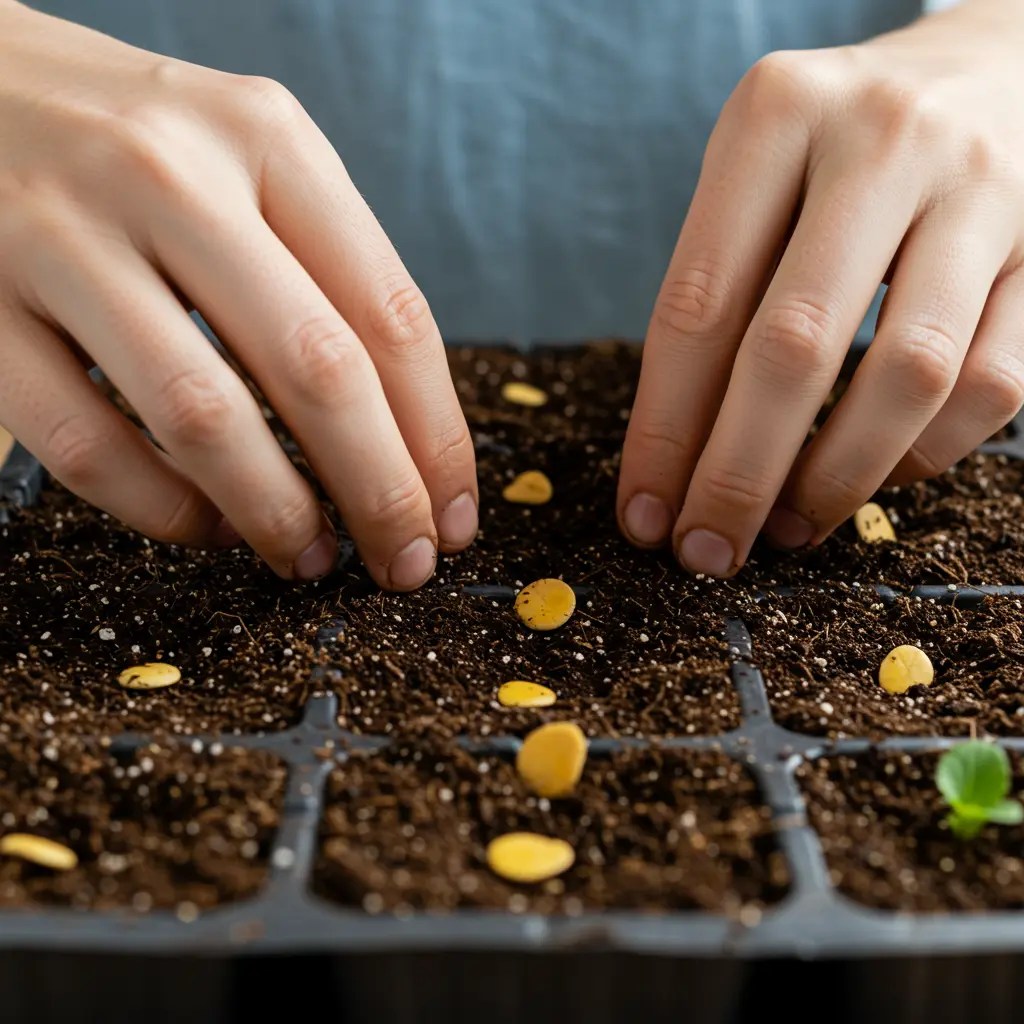 An image illustrating Photorealistic close-up of gentle hands planting tiny pansy seeds into a seed starting tray filled with moist soil mix. Show a few seeds visible on the surface or being lightly pressed in. Bright, natural light. Clean, simple background. Encouraging, clear, and helpful mood. 16:9 aspect ratio.