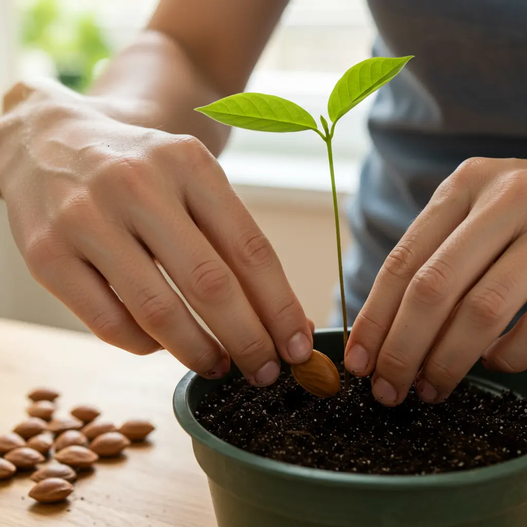 An image illustrating Photorealistic image. Close-up of hands carefully planting a pawpaw seed into a small pot filled with loose, dark potting soil. A few stratified pawpaw seeds (looking slightly wrinkled or split) are visible on the edge of the pot or table, suggesting the preparation step. The background is blurred but suggests a bright, indoor or outdoor gardening workspace with natural light. Practical, encouraging tone. 16:9 aspect ratio.
