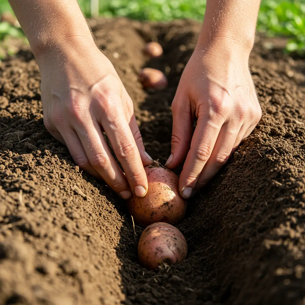 An image illustrating Photorealistic close-up shot of hands planting a seed potato in well-prepared garden soil in Texas. Show fingers gently pressing the seed potato into a furrow, illustrating the correct planting depth. Bright, clear daylight. Hint of a Texas garden environment in the background. 16:9 aspect ratio.