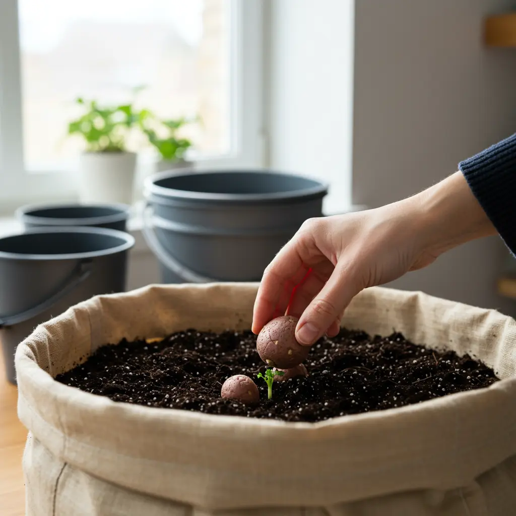 An image illustrating Photorealistic image of a hand gently placing a chitted seed potato into a large fabric grow bag filled with soil. The scene is set indoors near a bright window or under a soft grow light. In the background, other containers (buckets, bins) are visible, suggesting different options. The overall mood is bright, practical, and encouraging. Focus on the planting step. 16:9 aspect ratio.