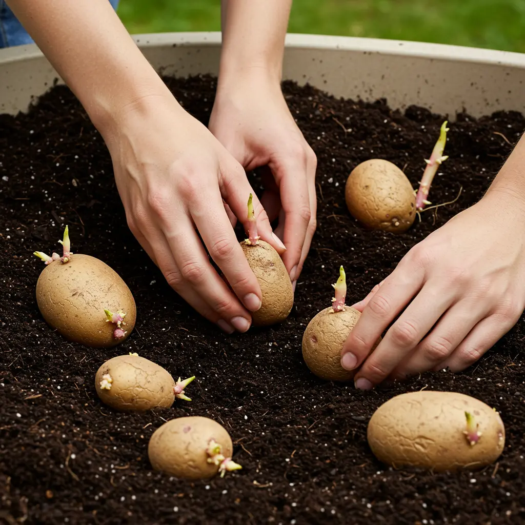 An image illustrating Photorealistic close-up of hands carefully planting a sprouted potato into prepared soil in a garden bed or container. Show examples of different sprouted potatoes nearby, including one with long sprouts and one resembling a store-bought potato, emphasizing the variety that can be planted. Bright, natural light, earthy tones, conveying a practical and encouraging gardening process. 16:9 aspect ratio.