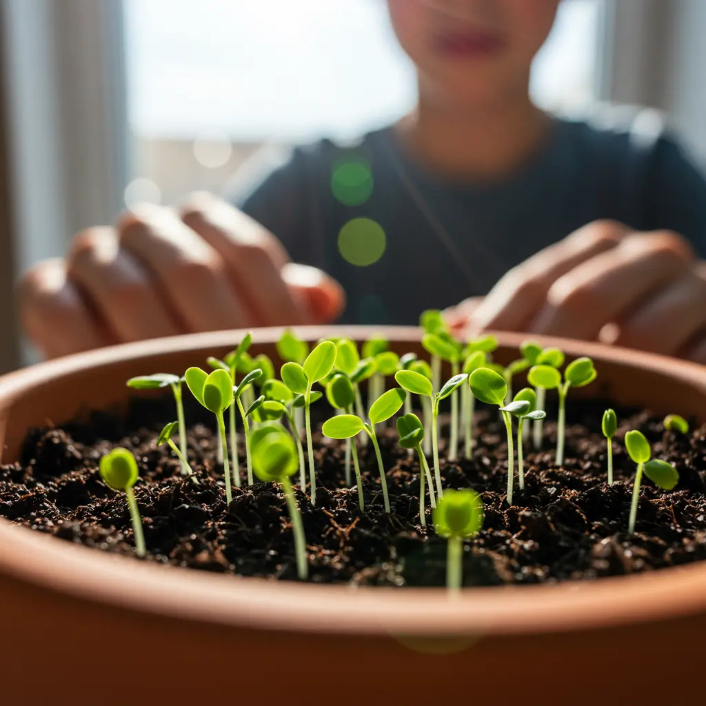 An image illustrating Photorealistic close-up of tiny green seedlings sprouting from soil in a small terracotta pot. Gentle hands are visible in the background, perhaps holding a small watering can or spray bottle, suggesting care. The scene is well-lit with bright, natural light, creating a hopeful and encouraging mood. 16:9 aspect ratio.