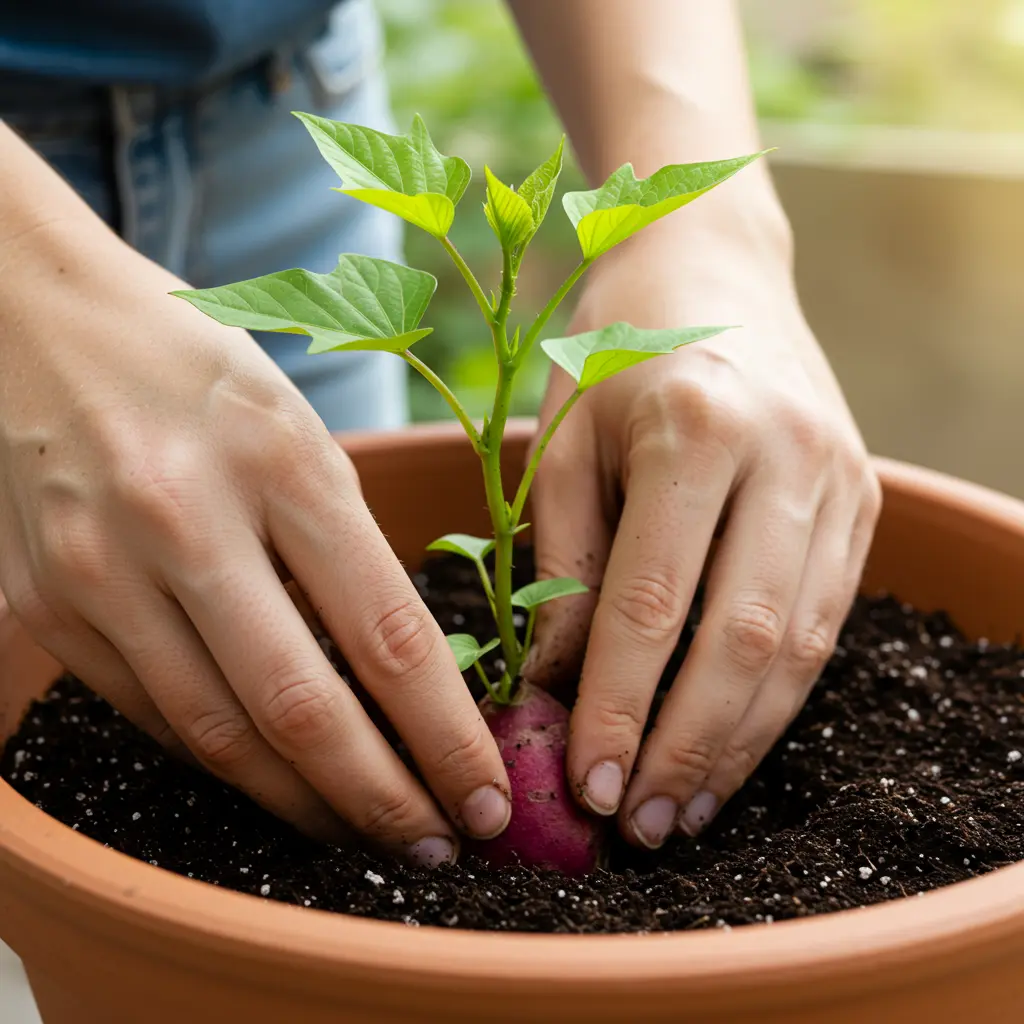 An image illustrating Photorealistic image. Close-up shot of hands gently planting a healthy sweet potato slip into a terracotta pot filled with soil. Bright natural light illuminates the scene, highlighting the vibrant green leaves of the slip and the texture of the soil. The background is slightly blurred, suggesting a home garden or patio setting. Clear, practical, and encouraging mood. 16:9 aspect ratio.