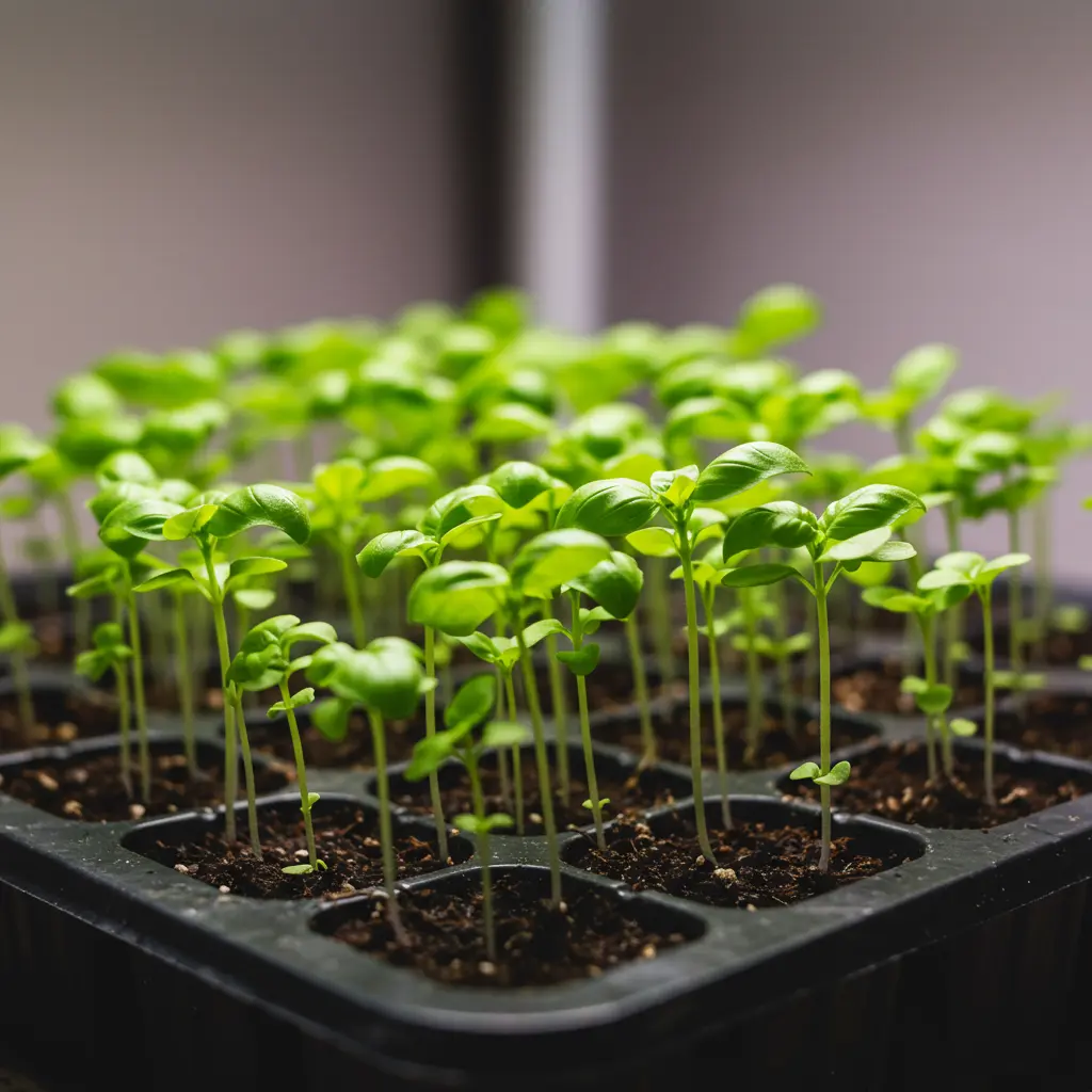 An image illustrating Photorealistic image of a tray filled with vibrant, healthy young sweet basil seedlings, approximately 2-3 inches tall, growing in small seed starting cells. The leaves are bright green and the stems are sturdy. Soft, natural light illuminates the tray, perhaps suggesting a sunny windowsill or grow light setup. The background is gently blurred. The image should convey successful germination and healthy initial growth, feeling hopeful, practical, and encouraging for a beginner gardener. 16:9 aspect ratio.