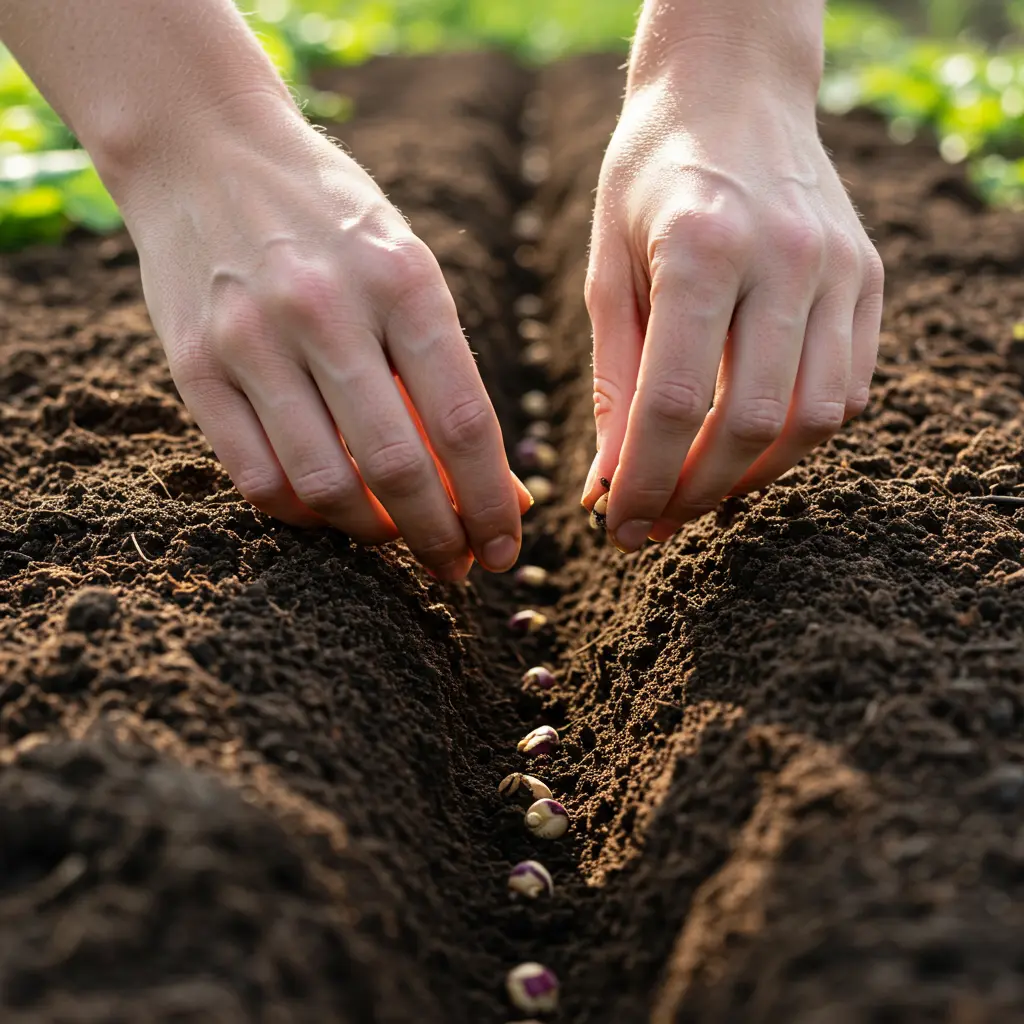 An image illustrating Photorealistic image showing a pair of hands gently placing small turnip seeds into a furrow in well-prepared garden soil. The focus is on the hands and the seeds, clearly illustrating the planting process and suggested depth. The soil looks dark, rich, and ready for planting. Bright, natural daylight illuminates the scene, creating a practical, beginner-friendly, and reassuring mood. Close-up shot with a shallow depth of field. 16:9 aspect ratio.