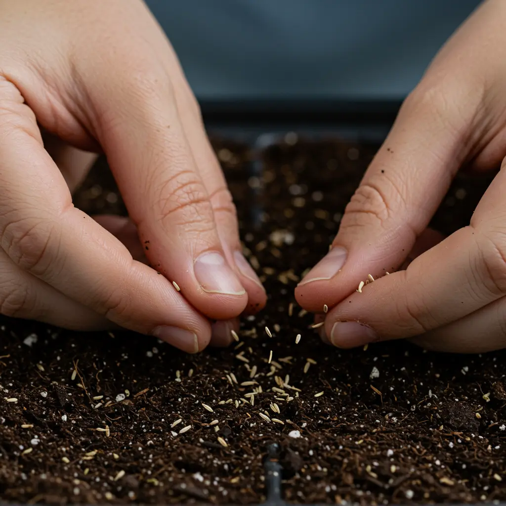 An image illustrating Photorealistic close-up of hands gently sowing tiny yarrow seeds into a seed starting tray filled with moist soil. The scene is clean and well-lit, conveying a simple, encouraging gardening process for beginners. Shows the scale of the seeds relative to the soil surface. 16:9 aspect ratio.
